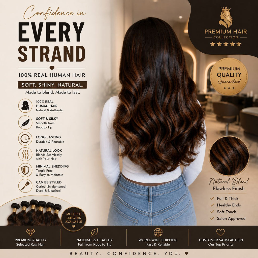 Premium 100% Human Hair Extensions – Soft, Silky & Natural Looking | Multiple Textures Available